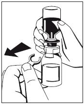 5. Držte lahvičku s koncentrátem (Fibryga) pevně na rovném povrchu, převraťte lahvičku s vodou na injekci a nasaďte ji na střed bodce.