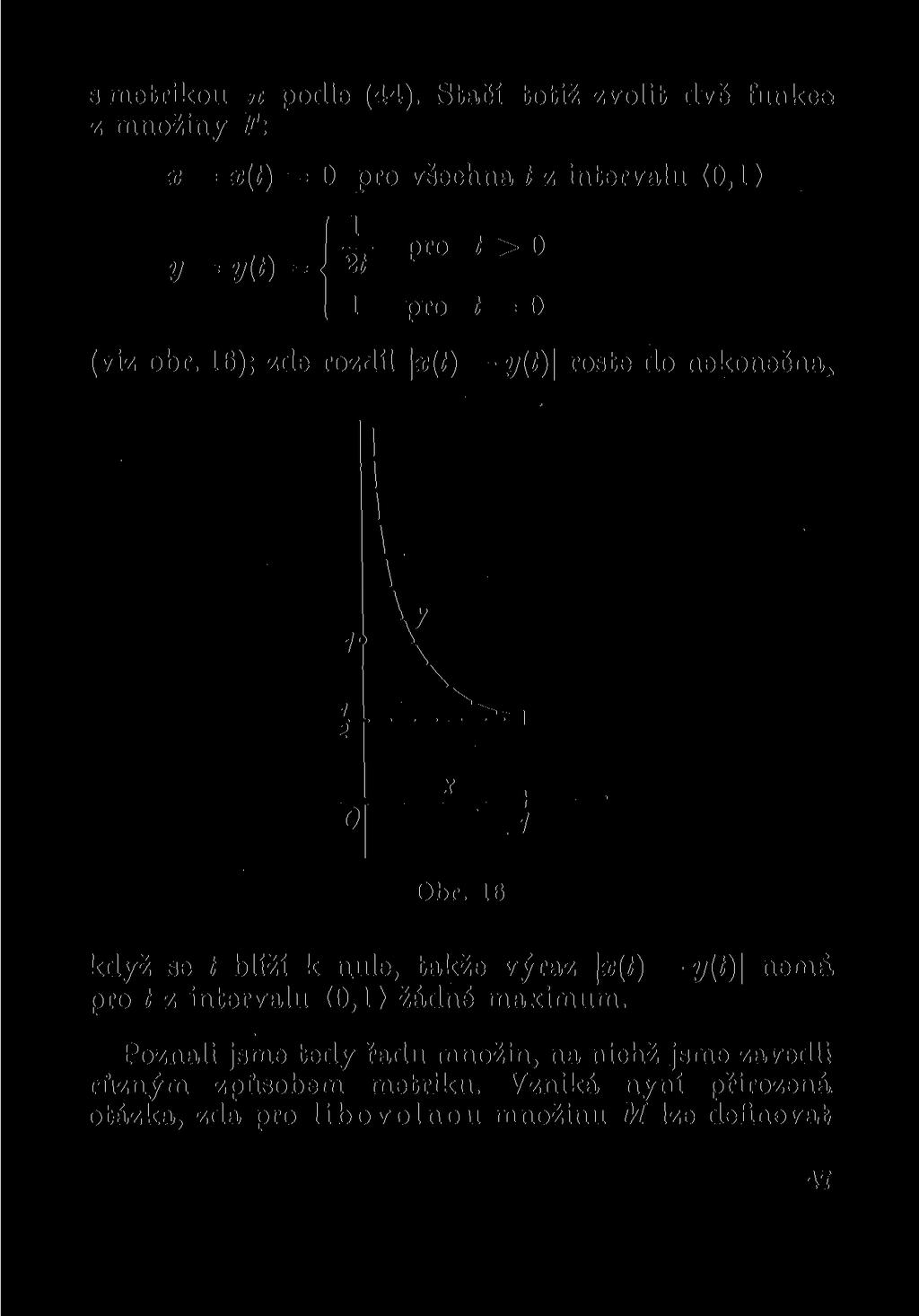 s metrikou n podle (44). Stačí totiž zvolit dvě funkce z množiny F: x = x(t) = 0 pro všechna t z intervalu <0,1) í pro t > 0 y = y(t) = 2< ( 1 pro t = 0 (viz obr.