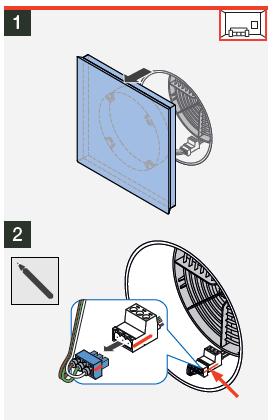 6.3 Vyjmutí zásuvného modulu Podmínky: Větrací systém je odpojený od elektrického napětí: Zavřete vnitřní kryt ( 5.1). Odstraňte kompletně vnitřní kryt ze stavební průchodky.