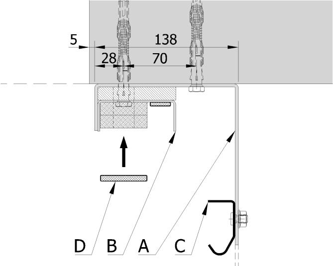 standardní vzdálenost kotvení vodítek od hrany otvoru A - vodítko B - svislé obložení C - kolejnice, namontovaná na vodítko D - Palusol, lepený (např.