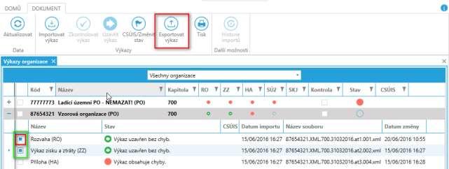 Po vybrání volby Exportovat výkaz se