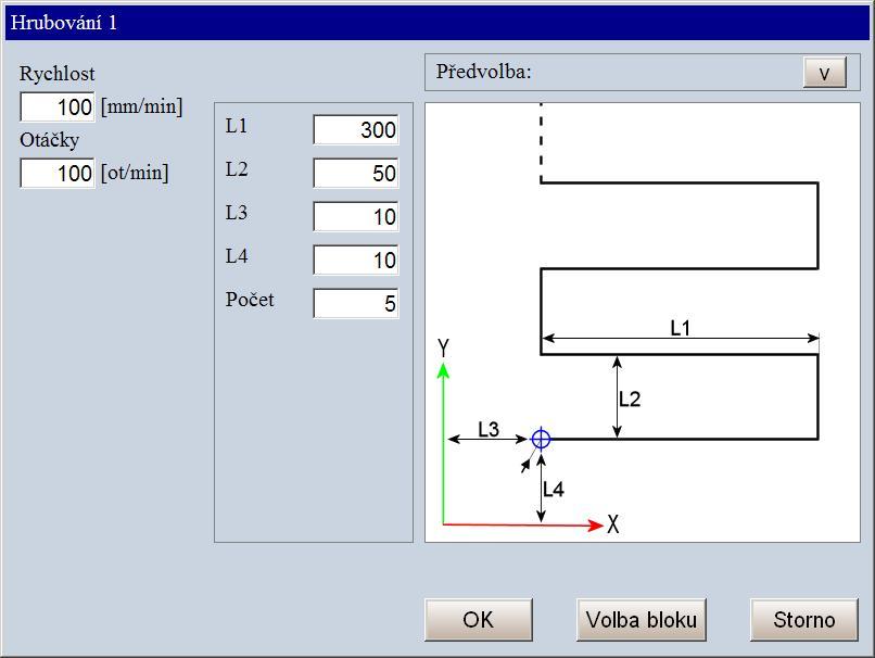 Frézky 1.9 Hrubování desky Možno použít na hrubování plochy v rovině X Y a to ve směru osy X (a přejezd v Y) nebo ve směru osy Y (a přejezd v X).