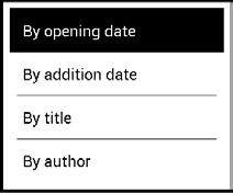 ČČČČČČČČČČ 77 2.Kritéria řazení podle data otevření, podle data přidání, podle titulu, podle autora. 3. Zobrazení seznamu knih Jednoduchý v tomto režimu se zobrazuje ikona obalu knihy.