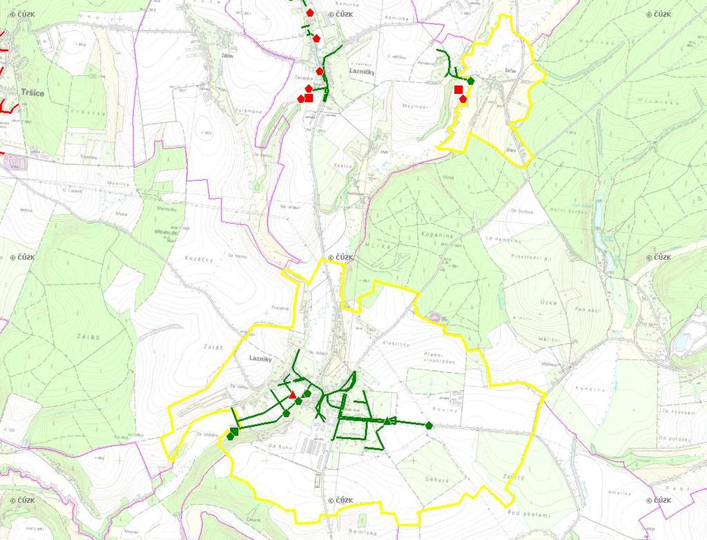 E. KANALIZACE A ČOV Mapa E1: Kanalizace - rozvody v obci Trasování sítí, lokalizace ČOV, čerpací stanice (ČS), výústě Obec: Lazníky Legenda: Kanalizace: Ochranné pásmo: Vyústění: do 2015 po 2015 I IA