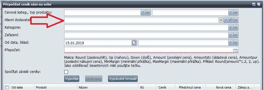 Přepočet prodejních cen Přepočet prodejních cen byl rozšířen o filtr hlavní dodavatel.