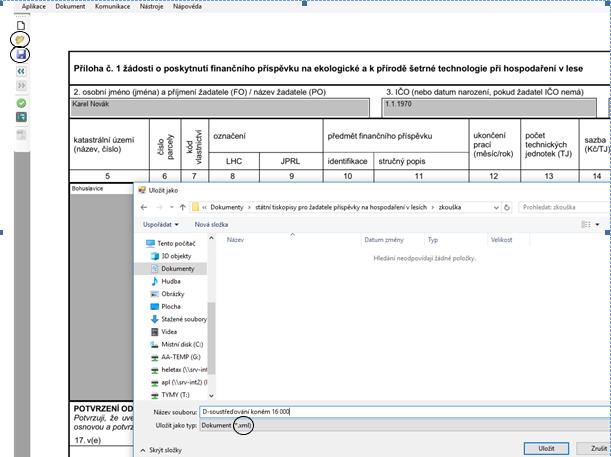 Při tvorbě žádosti v Modulu pro žadatele si po jejím dokončení (nebo v průběhu) nejdříve uložte žádost ve formátu.xml.