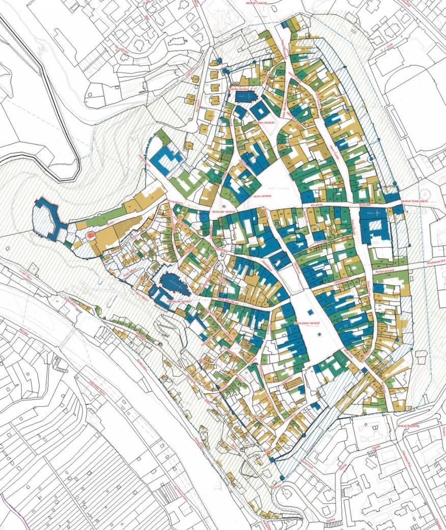 III. SOUČASNÝ STAV MĚSTSKÉ PAMÁTKOVÉ REZERVACE ZNOJMO Mapa MPR Znojmo: červená barva národní kulturní památka modrá barva zvlášť významné kulturní památky tmavě zelená barva. kulturní památky 3.1.