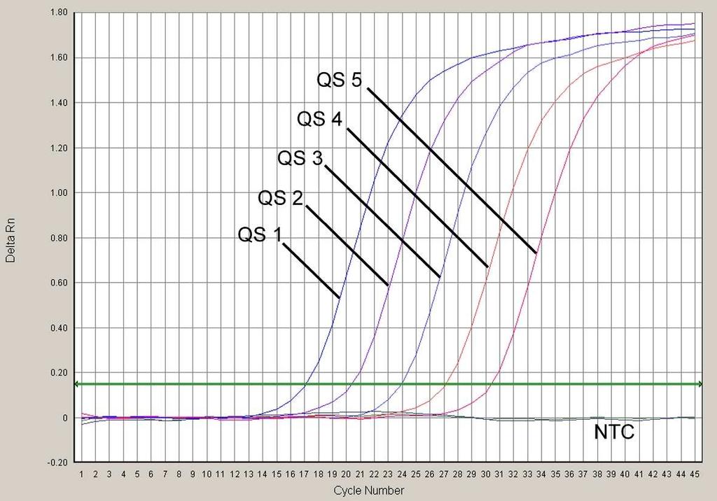 Obr. 23: Prkaz Kvantifikaních standard (Parvo B19 RG/TM QS 1-5) detekcí fluorescenního signálu FAM