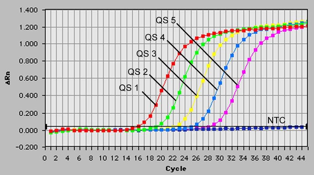 Obr. 25: Prkaz Kvantifikaních standard (Parvo B19 RG/TM QS 1-5) detekcí fluorescenního signálu FAM