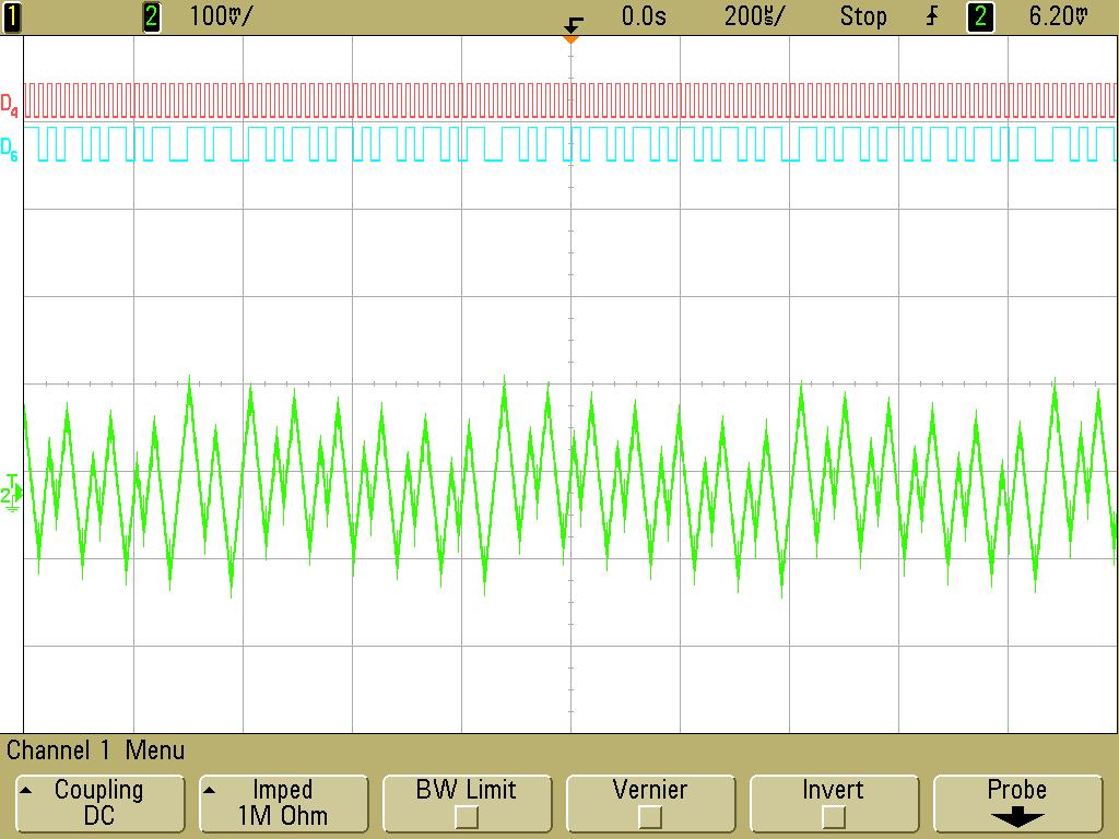 zdroj signálu: kanál 2 sonda: 1:1 vstupní impedance: 1 MΩ spouštění: náběžná hrana úroveň spouštění: 6,2 mv vazba: stejnosměrná časová základna: 200 us/div vertikální zesilovač: 100 mv/div obr.