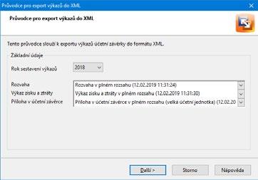 104 Příručka uživatele Daňová přiznání TAX 8 / 4 Export výkazů do XML Funkci Export výkazů do XML využijete v případě, kdy potřebujete tiskopisy Rozvaha, Výkaz zisku a ztráty a Příloha v účetní
