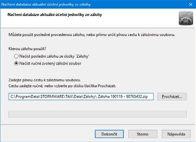 36 Příručka uživatele Daňová přiznání TAX přímo určit plnou cestu k záložnímu souboru.