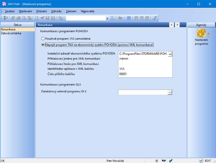 44 Příručka uživatele Daňová přiznání TAX Dále uveďte přihlašovací jméno a případně i heslo uživatele, který má v programu POHODA přiřazená přístupová práva pro XML komunikaci (v agendě Nastavení/