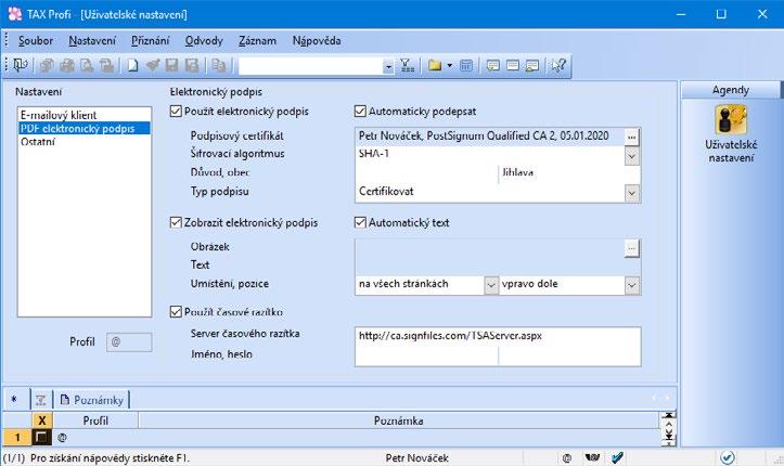 Daňová přiznání TAX Příručka uživatele 49 3 4 PDF elektronický podpis (pouze ve variantě Profi) V této sekci si každý uživatel programu může nastavit vlastní parametry elektronického podpisu PDF