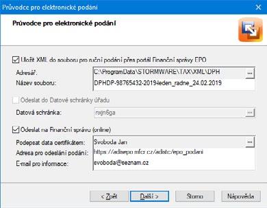 Ten vyvolá Průvodce pro elektronické podání. Na první straně průvodce vyberte číslo finančního úřadu, zadejte číslo územního pracoviště a číslo hlavní činnosti podle číselníku CZ-NACE.