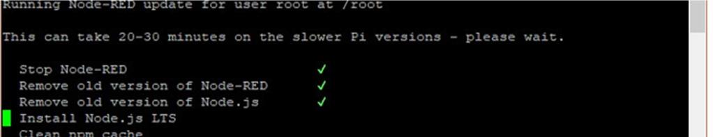 Po zadání odpovědí se spustí samotná instalace Node-RED. Její průběh můžete v SSH terminálu sledovat pomocí postupného odškrtávání jednotlivých kroků instalace zelenými symboly.