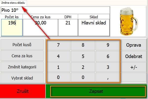 vyvoláme formulář Změna skladu obsahující informace o zboží: Na formuláři Změna stavu skladu zapíšeme nové celkové množství zboží, tedy ke stávajícímu