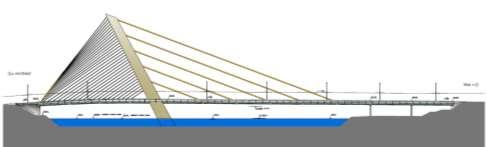 o výšce 65 m nad hladinou řeky je odkloněn proti svahu trojské stráně a svojí formou vytváří jakousi symbolickou bránu při vjezdu do centra Prahy (viz vizualizace).