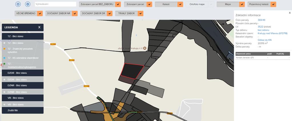 MAPA Tlačítka pro přibližování a oddalování mapy Vyhledávání podle čísla parcely, jména obce, Zapínání a přepínání zobrazovaných parcel a mapových podkladů Zobrazení legendy (kliknutím na tlačítko