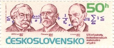 Na první známce je vyobrazen fyzik František Záviška (1879 1945) a matematik Karel Petr (1868 1950), na druhé dva matematici, Miloslav Valouch (1878 1952)