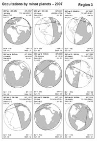 Zákryty hvězd planetkami 2007 Nominální předpovědi REGION 3 Evropa, severni Afriky, střední východ Celkově předpověď 256 zákrytů r m d h m planetka trv. hvězda mag pok. 07 01 04 21 6.5 144 Vibilia 15.