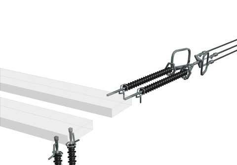 Obr.: 3D model nosných (vlevo) a kotevních (vpravo) izolátorových závěsů systému 400 kv (bez měřítka) Izolátorové závěsy bývají v odůvodněných případech (pro zvýšení bezpečnosti vedení) prováděny