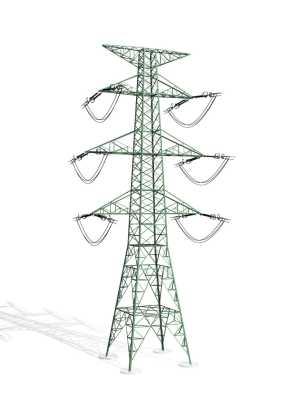 Obr.: Model kotevního a nosného stožáru typu "Soudek" pro vedení 400/400 kv Základní výška stožárů pro vedení 400/400 kv je cca 45,2 metrů nad terénem (základní výška stožárů pro původní vedení