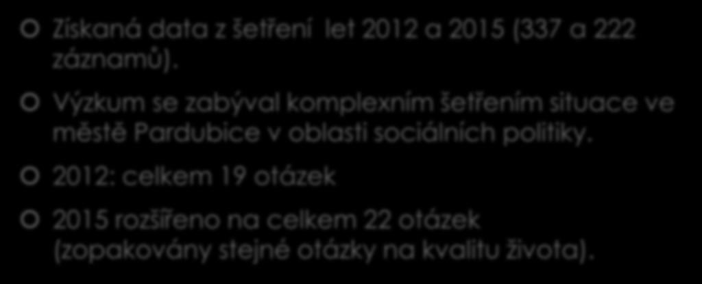 Data Získaná data z šetření let 2012 a 2015 (337 a 222 záznamů).