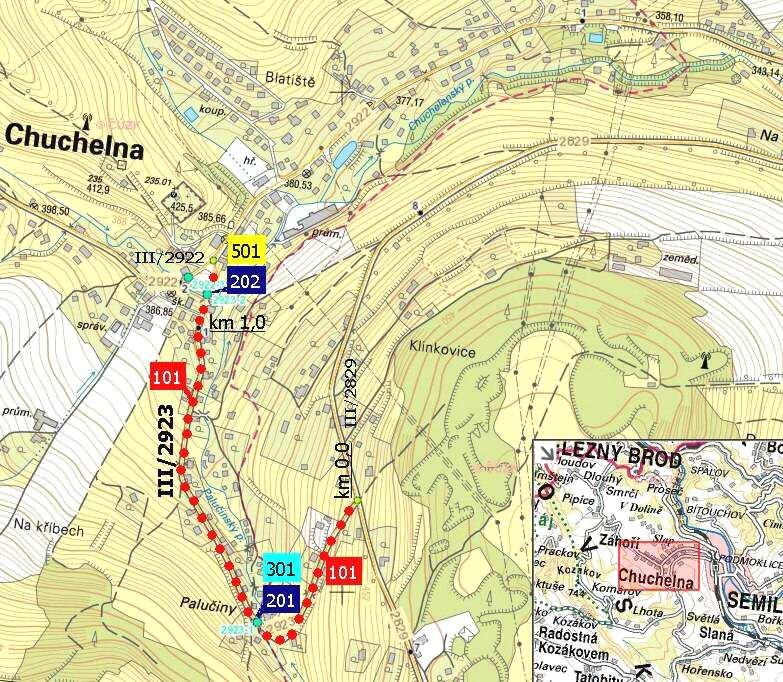 2. ÚVOD A ČLENĚNÍ STAVBY Jedná se rekonstrukci silnice III/2923 v obcích Chuchelna a místní části Klinkovice. Komunikace tvoří spojku mezi sil.