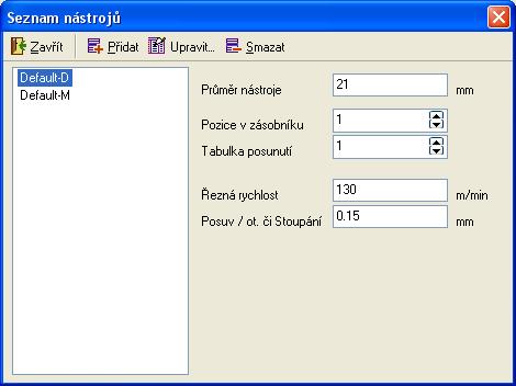 Obrábění Tlačítko Tlačítko Tlačítkem Upravit... slouží k úpravě označeného stroje. Smazat slouží k odstranění označeného stroje. Zavřít se uzavře toto okno.