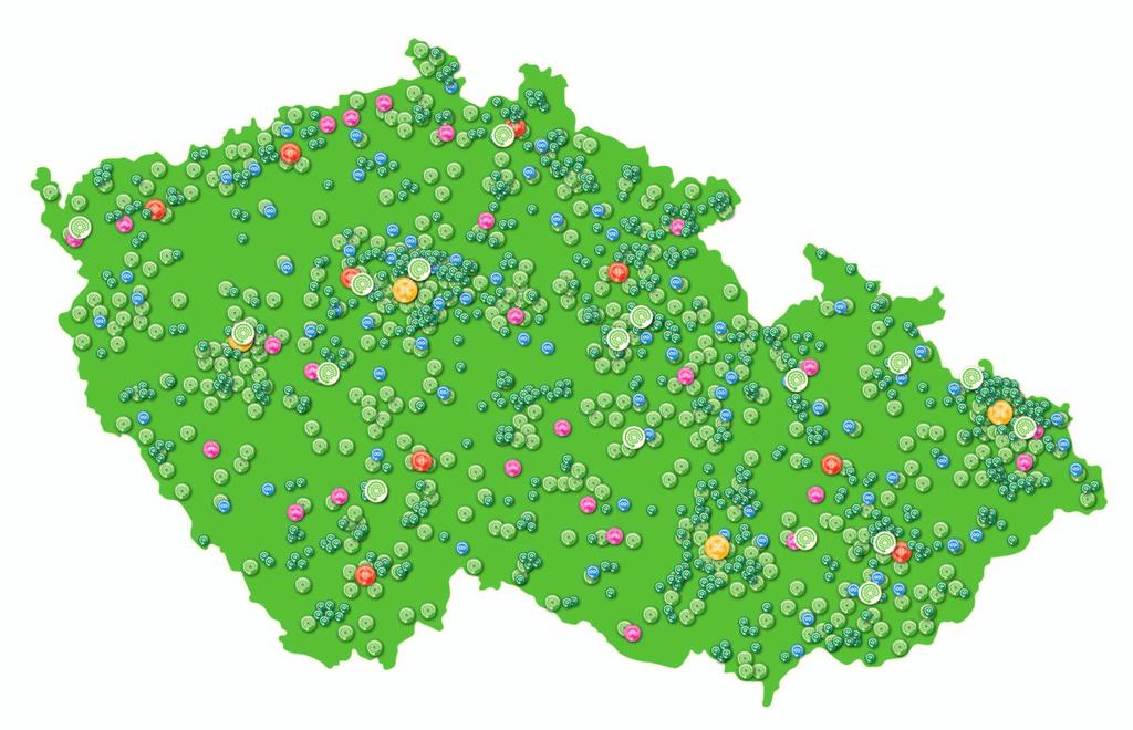 Mapa sběrných dvorů, zpracovatelů a posledních prodejců Zpracovatelé Treatment facilities Sběrné dvory Collection yards Poslední prodejci End retailers Poslední prodejci (5 10)