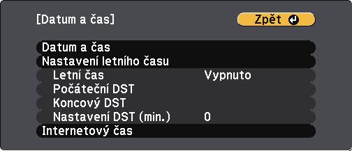 Nstvení dt čsu V projektoru je možné nstvit dtum čs (EB 2247U/EB 2142W). 39 Objeví se tto obrzovk: Zpněte projektor. tlčítko [Menu] n ovládcím pnelu nebo n dálkovém b Stiskněte ovldči.