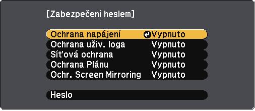 Funkce zbezpečení projektoru 82 b c d Vyberte položku Heslo stiskněte tlčítko [Enter]. Zobrzí se dotz "Změnit heslo?". Vyberte položku Ano stiskněte tlčítko [Enter].