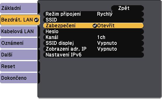 Promítání v bezdrátové síti 95 f Vyberte nstvení Zbezpečení stiskněte tlčítko [Enter]. i Vyberte protokol pro ověření jko nstvení Typ EAP.