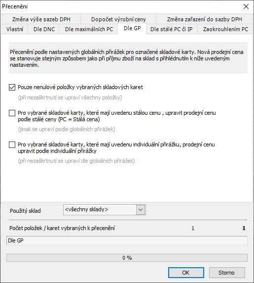 Přecenění Vybrané skladové karty je poté potřeba přecenit. Volba pro přecenění se nachází v menu SKLADOVÉ KARTY/PŘECENĚNÍ/PŘECENĚNÍ OZNAČENÝCH SKLADOVÝCH KARET.