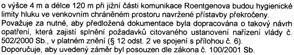6 o výšce 4 m a délce 120 m pøi jižní èásti komunikace Roentgenova budou hygienické limity hluku ve venkovním chránìném prostoru navržené pøístavby pøekroèeny Považuje za nutné, aby pøedložená