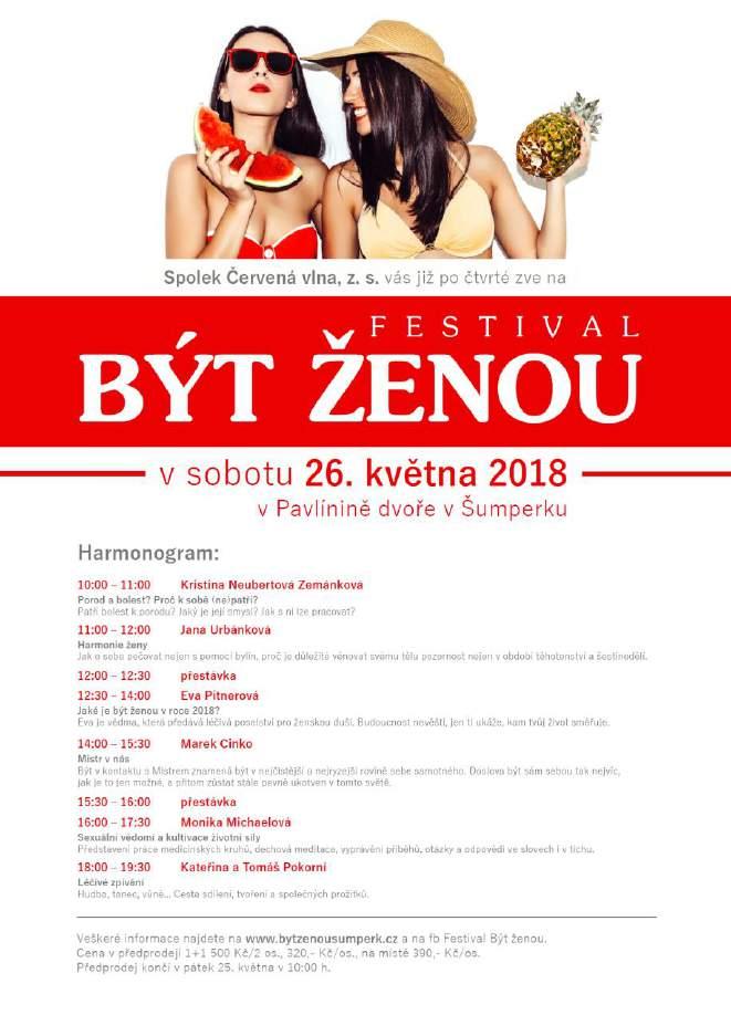 FESTIVAL BÝT ŽENOU 26. 5. 2018 od 10 hodin, Pavlínin dvůr Muzea Šumperk 4. ročník festivalu Být ženou, který propojuje prožitky duše a těla.