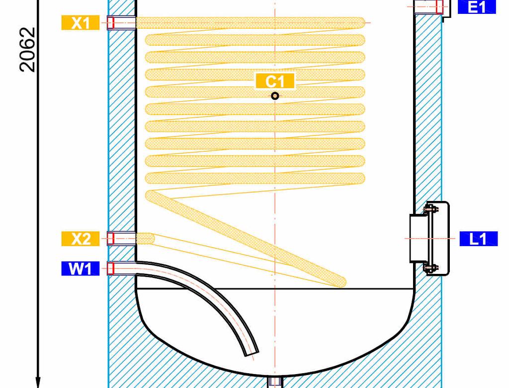 1342 Elektrické topné těleso E1 G 6/4" F 1162 Regulace a zabezpečení C1 G 1/2" F 892 C2