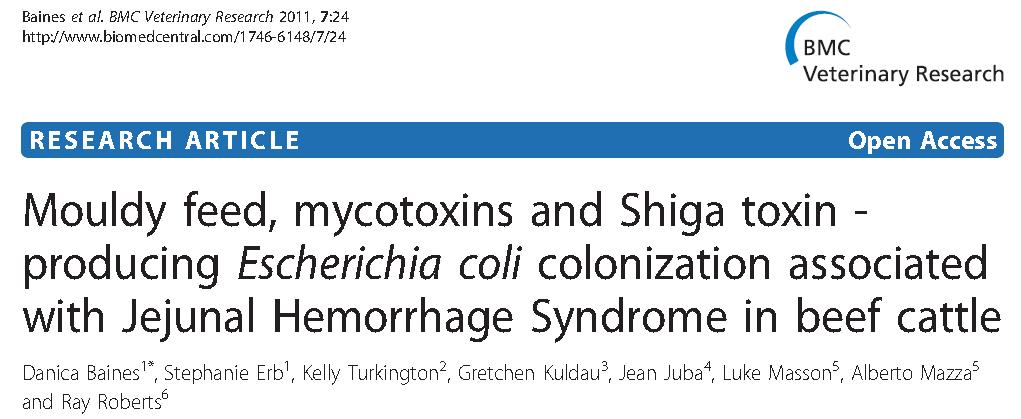 Plísně v krmivu, mykotoxiny a Shiga toxin, který produkují bakt. Escherichia Coli, mohou vést k bovinnímu hemorhagickému syndromu Baines et al.