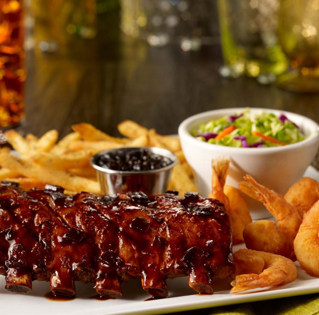 Fridays Signature Half Rack Ribs & Shrimp FRIDAYS SIGNATURE GLAZE vyrobeno z Jack Daniel's Tennessee Whiskey FRIDAYS TM SIGNATURE DUOS choice cuts fire seared FRIDAYS SIGNATURE HALF RACK RIBS &