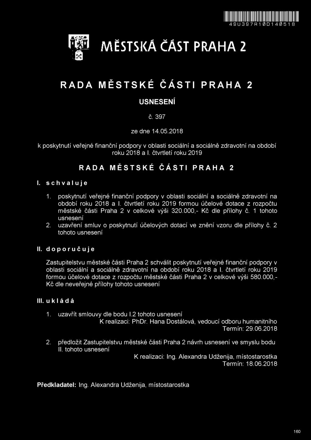 čtvrtletí roku 2019 formou účelové dotace z rozpočtu městské části Praha 2 v celkové výši 320.000,- Kč dle přílohy č. 1 tohoto usnesení 2.