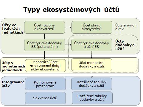 Účty ekosystémových služeb Integrované účty Účet stavu ekosystémů Monetární účet ekosystémových aktiv Fyzický účet toku ekosystémových služeb Účet dodávky a užití ekosystémových služeb ve fyzických