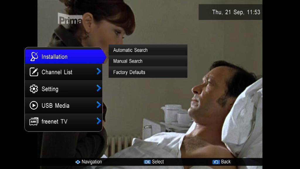 Popis funkcí v menu Pro zobrazení nabídky přijímače stiskněte tl. MENU na dálkovém ovladači.