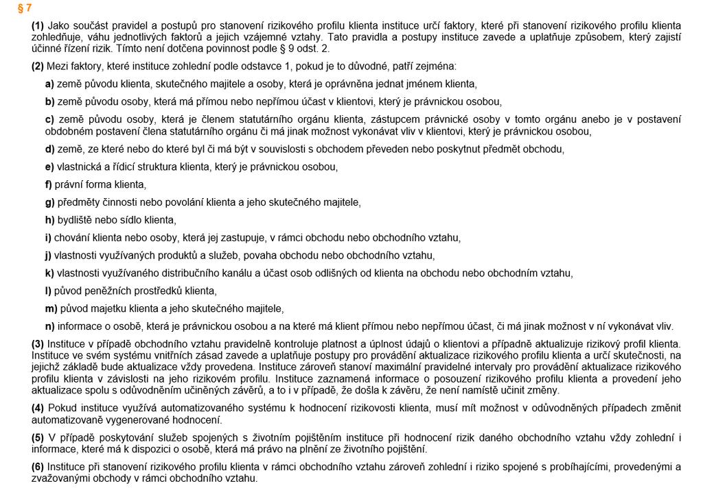 Pravidla přijatelnosti klienta rizikové faktory VYHLÁŠKA č. 67/2018 Sb. ze dne 11.