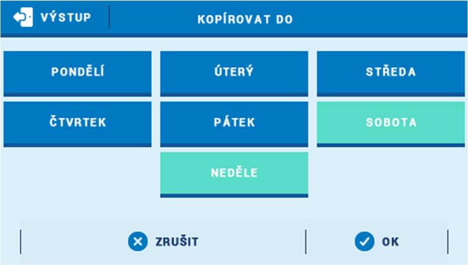 Existuje možnost kopírovat nastavení z jednoho dne do jiných dnů: Kliknout na <Kopírovat> (pravý horní roh) Označit den, ze kterého chceme