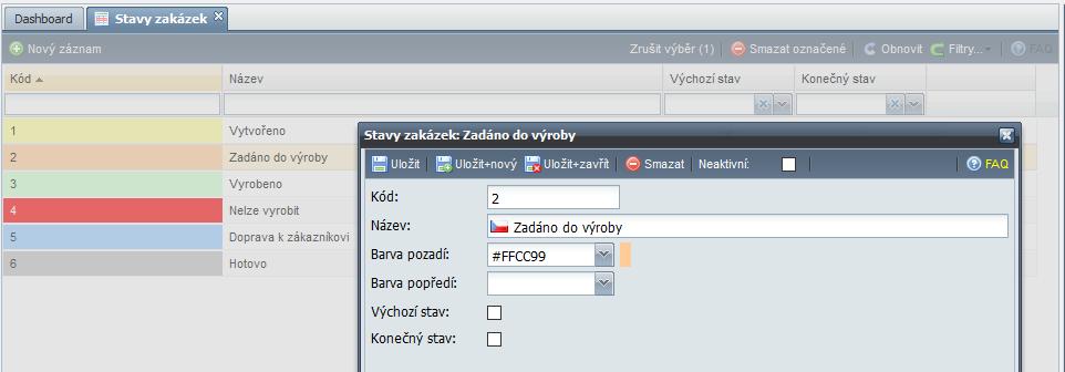Stavy zakázek Nová aplikace pro zadání stavů zakázek včetně barevného označení.