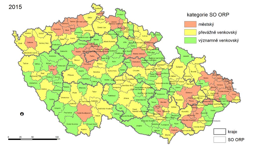 Mapový výstup: Kategorizace SO ORP na základě hustoty zalidnění a podílu obyvatel žijících ve venkovských obcích, rok 2015