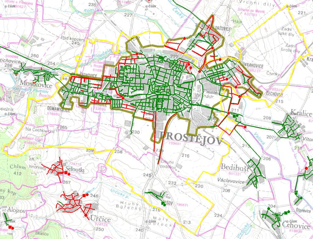 E. KANALIZACE A ČOV Mapa E1: Kanalizace - rozvody v obci Trasování sítí, lokalizace ČOV, čerpací stanice (ČS), výústě Obec: Prostějov Legenda: Kanalizace: Ochranné pásmo: Vyústění: do 2015 po 2015 I