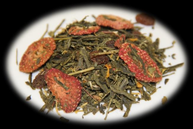 lyofilizovaná, Jahoda lyofilizovaná, Slunečnice květ, Chrpa květ, Aroma Svěží tropy ZELENÁ ZAHRADA aromatizovaný zelený čaj exclusive - Zelený čaj s