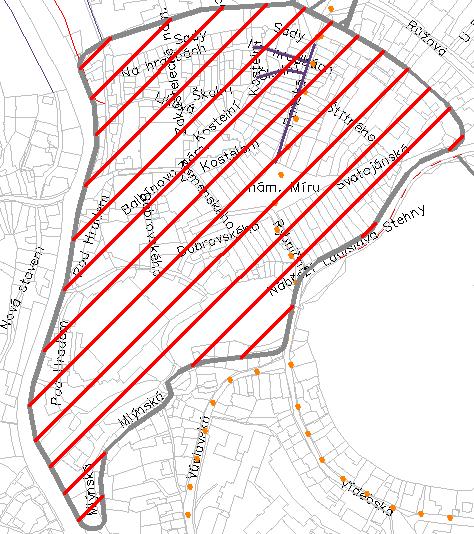 Zóna centrum Kopíruje původní hradby města (Parkány Husovy sady